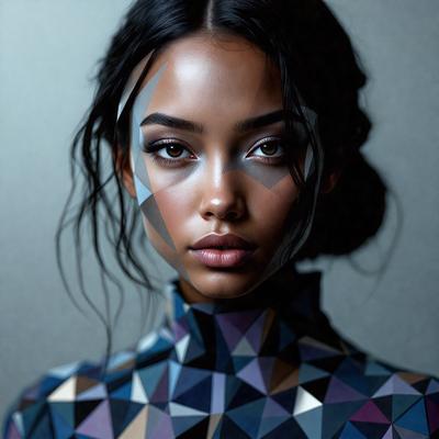 The primary subject of the image is a woman with a unique and artistic appearance. She is wearing a blue and purple shirt with a geometric pattern, and her face is painted with a mix of blue, purple, and white colors. The setting is a dark room, which adds to the dramatic and mysterious atmosphere of the scene. The visual style of the image is a combination of digital art and illustration, creating a striking and eye-catching portrait. The colors and mood of the image are bold, v